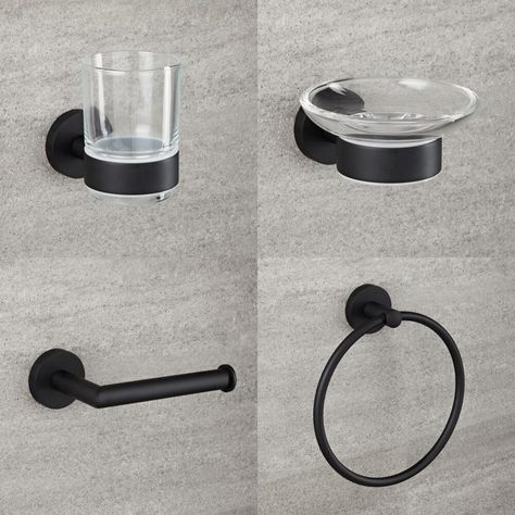 Trendy black washroom accessories redefine modern elegance, offering a sleek and sophisticated touch to bathroom aesthetics. Matte black faucets stand out as striking focal points, their minimalist design and luxurious finish transforming traditional functionality into a contemporary statement. Complementing these fixtures, black soap dispensers, toothbrush holders, and towel bars contribute to a cohesive and stylish look. Black-framed mirrors add depth and sophistication. Four Piece Bathroom, 4 Piece Bathroom, Washroom Accessories, Matte Black Faucet, Black Mirror Frame, Dark Bathrooms, Black Bathroom Accessories, Upholstery Bed, Modern Wall Hanging