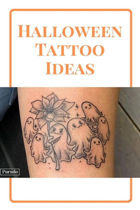 These 38 Halloween Tattoos Are a Mix of Cute and Creepy—You'll Want to Trick or Treat All Year Long! #halloween #halloweenideas #tattoos #tattooideas #halloweentattoos https://parade.com/living/halloween-tattoos Colored Halloween Tattoos, Tattoos For Halloween Lovers, Tattoo Ideas Female Halloween, Halloween Forearm Tattoo Women, Halloween Theme Leg Tattoo, Halloween Forarm Tattoos, Halloween Tattoos Sleeve, Clever Costumes, Halloween Tattoos