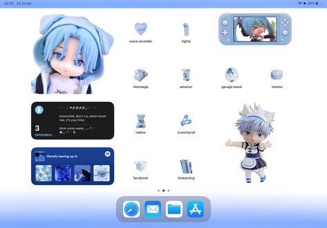 aesthetic layout ipad kpop anime baby blue pastel Ipad Inspo, Ipad Layout, Ipad Lockscreen, Aesthetic Layout, Blue Ipad, Baby Blue Wallpaper, Kpop Anime, Cute Home Screens, Custom Ipad