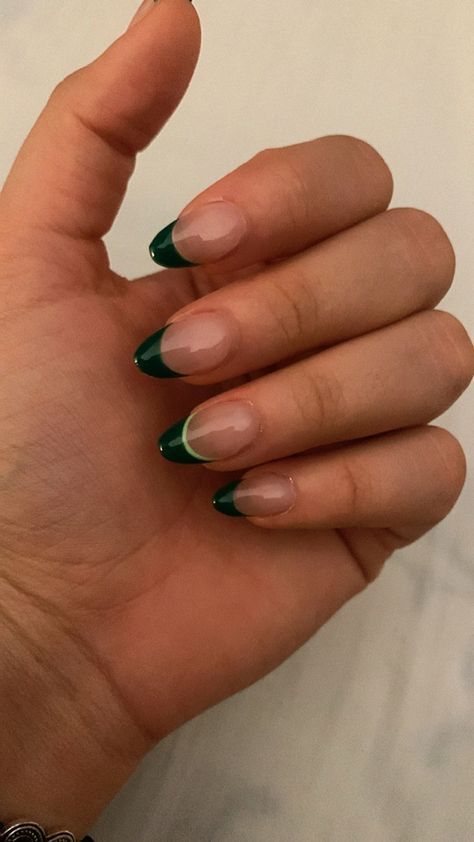 Green French Top Acrylic Nails, Green Fresh Tip Nails, Green French Tip With White Line, Short Almond Nails Designs Green, Short Hunter Green Nails, White Nails With Green Tips, Emerald Green And Gold Nails Acrylic Almond, Green Double French Tip Nails, Green Oval Nails Designs