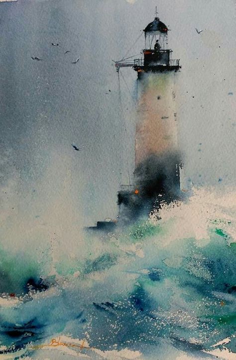 Lighthouse Painting, Lighthouse Pictures, Lighthouse Art, Kunst Inspiration, Canvas For Beginners, Watercolor Paintings Easy, 수채화 그림, Watercolor Landscape Paintings, Lukisan Cat Air