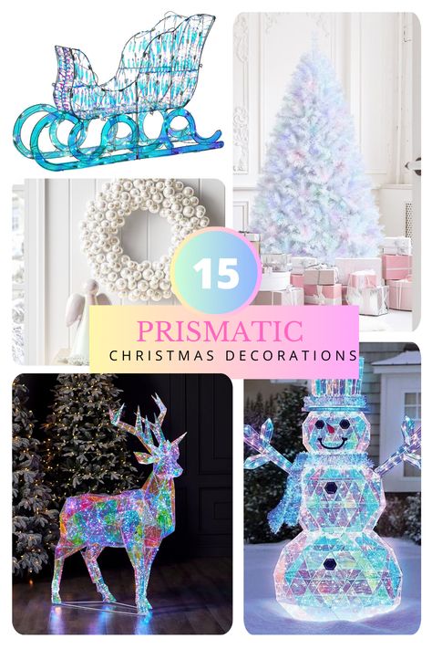 15 Prismatic Iridescent Christmas Decor Trend (2024) | Chica and Jo Prismatic Christmas Decor, Iridescent Christmas Tree Decorations, Iridescent Christmas Decor, Prismatic Christmas, Iridescent Christmas Tree, Iridescent Christmas, Iridescent Decor, Bauble Wreath, Christmas Decor Trends