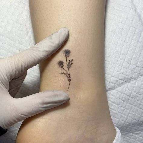 Thistle flower tattoo on the ankle Thistle Ear Tattoo, Scotland Flower Tattoo, Scottish Thistle Tattoo Simple, Thistle Tattoo Fine Line, Small Thistle Tattoo, Scottish Thistle Tattoo Delicate, Rose And Thistle Tattoo, Scotland Tattoo Ideas Small, Highlands Tattoo