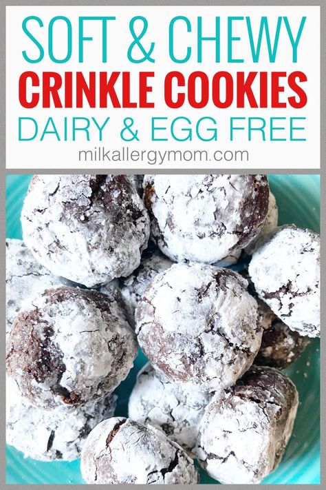 Chocolate Crinkle Cookies Dairy & Egg Free | Milk Allergy Mom Dairy And Egg Free Christmas Treats, Egg Free Christmas Cookies, Egg Free Dessert Recipes, Egg Free Cookies Recipes, Soft Batch Cookies, Milk Allergy Mom, Nut Free Cookies, Cookies Eggless, Egg Free Desserts