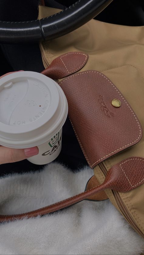 Longchamp Le Pliage beige bag, coffee, white fuzzy sweater, fall vibes Longchamp Le Pliage Beige, Longchamp Le Pliage Brown, Le Pliage Longchamp Outfit, Beige Longchamp, Le Pliage Outfit, Longchamp Bag Aesthetic, Longchamp Aesthetic, Longchamp Le Pliage Outfit, Longchamp Beige