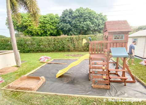 BACKYARD PLAYGROUND AT HOME – HOW TO BUILD IT Diy Play Yard Backyard Ideas, Backyard Playground With Sand, Sandbox Around Playset, Playhouse With Sandbox Beside, Simple Backyard Playground, Easy Diy Outside Play Area, Small Backyard With Playground, Swingset Area Ideas, Small Backyard With Playset