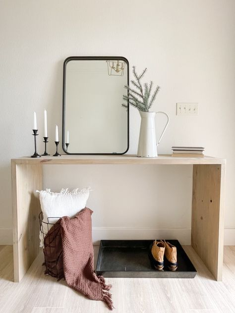 DIY Wood Console Table • Living Liesel Diy Easy Console Table, Build Your Own Console Table, 2x4 Entry Table Diy, Diy Console Table Easy, Easy Console Table Diy, Diy Modern Console Table, Diy Entrance Table, Diy Waterfall Console Table, Waterfall Entry Table