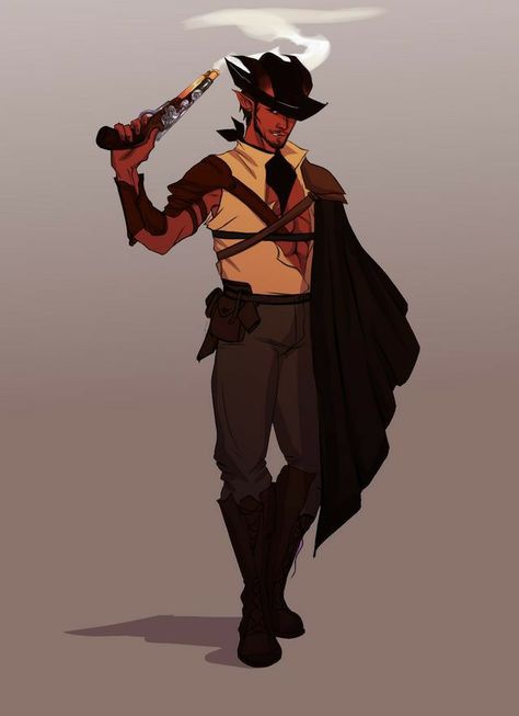 Human Gunslinger Dnd, Dnd Tiefling Cowboy, Dnd Sheriff, Dnd Fancy Clothes, Cowboy Design Character, Cowboy Dnd Character, Tiefling Cowboy, Pathfinder Gunslinger, Tiefling Gunslinger