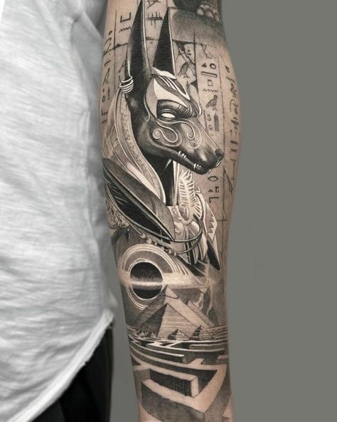 Curado Tattoo Anubis Tattoo Egyptian Design, Egyptian Full Sleeve Tattoo, Egypt Sleeve Tattoo, Anubis Sleeve Tattoo, Anubis Forearm Tattoo, Egypt Mythology Tattoo, Anubis Tattoo Design Sketch, Best Tattoos For Men Ideas, Anubis And Bastet Tattoo