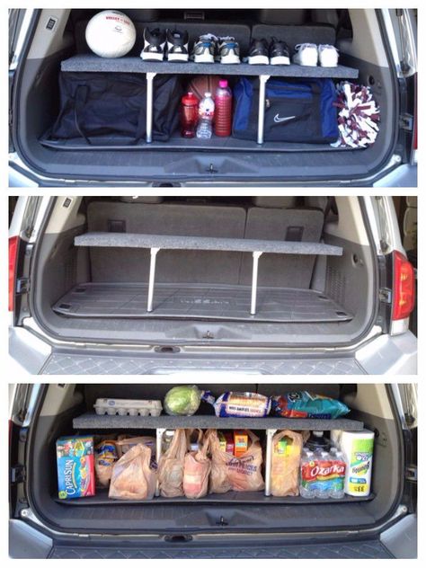 Mom Van Hacks, Organisation En Camping, Subaru Camping, Car Shelf, Car Organizing, Trunk Ideas, Camper Car, Mazda Bongo, Wisteria Lane