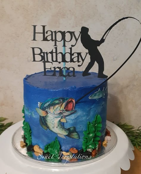 Fishing Themed Birthday Cake For Men, Fish Themed Cake For Men, Diy Fishing Cakes For Men, Fishing Cake Ideas For Men, Bass Birthday Cake, Simple Fishing Cake, Fishing Cakes For Men Fisherman, Fish Cakes Birthday, Fishing Cakes For Men Birthdays