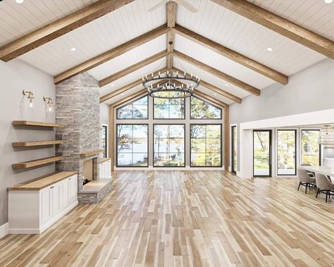 Ranch With Cathedral Ceilings, Exterior Addition Ideas, Barndominium Great Room Ideas, Barndominium Patio, Kitchen Front Of House, Vaulted Wood Ceiling Living Room, Luxury Farmhouse Interior, Vaulted Ceiling Living Room Open Concept, Barndominium Living Room