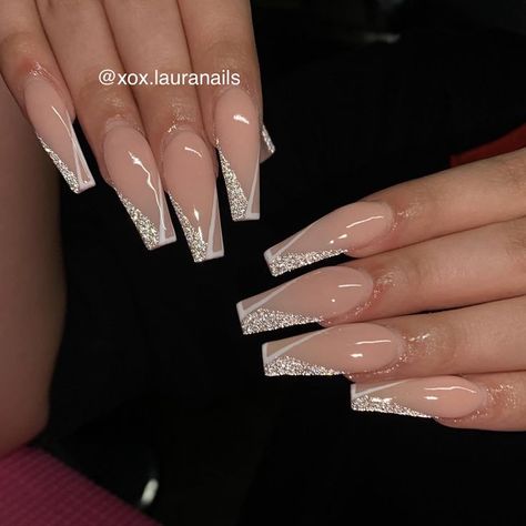 Grad Nails Acrylic 2023, Simple Acrylic Nails White Glitter, Silver Glitter Design Nails, Nails Acrylic White Sparkle, White Sequin Nails, Classy White And Silver Nails, White Tip And Glitter Nails, Silver Glitter And White Nails, Wedding Nails White And Silver