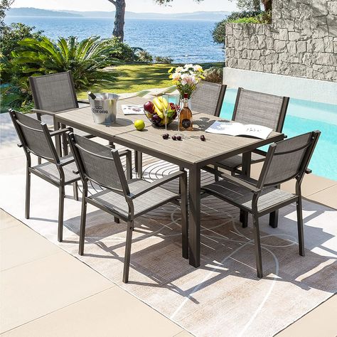 Rankok 7 Piece Patio Dining Set Outdoor Furniture Set with Weather Resistant Table and 6 Stackable Textilene Chairs for Garden, Yard, Garden and Poolside (Gray) Terrace Dining, Patio Table And Chairs, Outdoor Dining Table Setting, Dining Outdoor, Outdoor Furniture Set, Plastic Table, Dining Furniture Sets, Stackable Chairs, Patio Dining Chairs