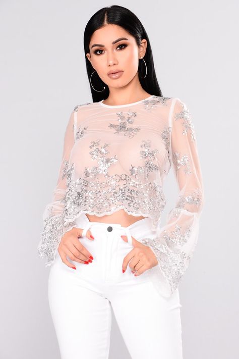 White Transparent Top, Fashion Nova Outfits, Sequin Top, Girly Outfits, Lingerie Fashion, Teen Fashion Outfits, Fashion Poses, White Fashion, Fesyen Wanita