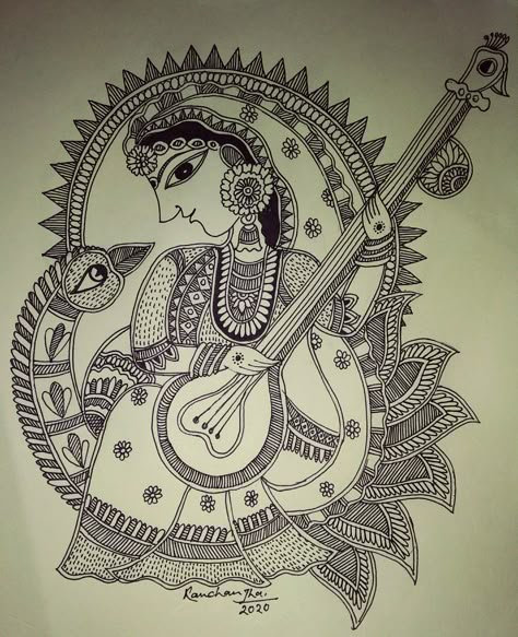 Madhubani Ramayana, Saraswati Madhubani Painting, Kohbar Painting, Madhubani Paintings Peacock, Saraswati Painting, Mithila Painting, Madhubani Paintings, Independence Day India, Kalamkari Painting