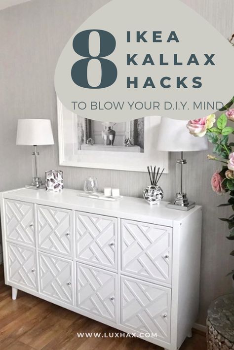 See Ikea hacks from clever customers using Lux Hax Styl-Panels. They have accent pieces for their home from flatpack furniture! This is DIY project is for anyone looking to elevate their Ikea furniture into some special and unique. Our panels are affordable and fast to use making them one of the easiest furniture projects there is! #ikeahack #ikea #ikeakallax #furnituremakeover #diydecor #diy #interiordesign #diyideas #diyproject #doityourself Ikea Sideboard Hack Buffet, Ikea Furniture Hacks Storage Cabinets, Ikea Furniture Hacks Dressers, Upgrade Ikea Furniture, Ikea Furniture Names, Ikea Kallax Wallpaper, Upcycling Ikea Furniture, Upgrade Furniture Diy, Painting A Kallax Unit