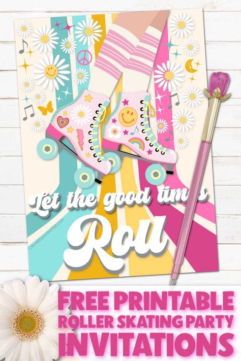 Planning a roller skating party or girls night at the local roller rink? Snag our FREE Printable Roller Skating Party Invitations Editable PDF Download. These retro 70s 80's invites are perfect for your roller skate themed party or event! Roller Skate Invitations Free Printable, 70s Roller Skating Party, Roller Barbie, Roller Skating Birthday Party Ideas, Skating Party Invitations, Roller Skating Party Favors, Roller Rink Birthday, Roller Skating Birthday Party Invitations, Roller Skate Invitations