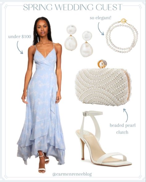 Spring wedding guest - pearl bracelet - pearl earrings - wedding guest - wedding guest inspo - blue dress - long dress - long blue dress - pearl clutch - clutch - wedding clutch - white heels - wedding guest heels - comfy heels - comfortable heels - pearl necklace - gold pearl necklace Shoes For Outdoor Wedding Guest, Wedding Guest Jewelry Accessories, Blue Dress Wedding Guest Outfit, Blue Wedding Guest Outfit, Spring Dress Formal, Wedding Guest Clutch, Blue Wedding Guest Outfits, Wedding Guest Dress Blue, White Wedding Guest Dresses