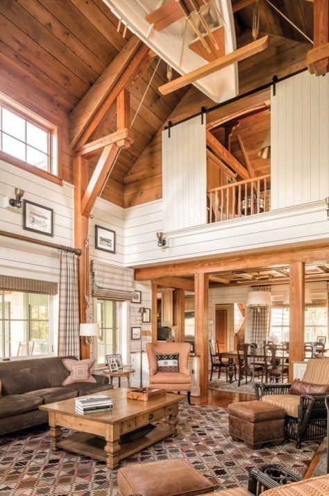 Barndominium Cottage Style, Enclosing A Loft Area, Cabin Style Barndominium, Barn Home Interiors, Barn Turned Into House, Beautiful Barndominiums, Homes With Loft, Barndominium Loft Ideas, Wood Barndominium