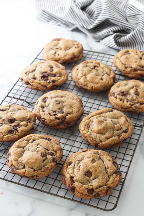 You will love these thick Brown Butter Chocolate Chip Cookies that are soft inside and loaded with gooey chocolate chips. Soft Brown Butter Chocolate Chip Cookies, Thick Chocolate Chip Cookies, Cookie Recipes Chocolate Chip Brown Butter, Thick Brown Butter Chocolate Chip Cookies, Browned Butter Sourdough Chocolate Chip, Brown Butter Bourbon Chocolate Chip Cookies, Browned Butter Bourbon Chocolate Chip Cookies, Triple Chocolate Chip Cookies, Brown Butter Cookies