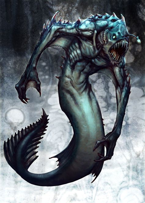 I wanted to do something with a high creep factor, reminiscent of a shark or some such creature... CS painting Undead Sea Monster, Fish Monster Concept Art, Deep Sea Triton Dnd, Merrow Dnd, Fish Monster Art, Abyss Creatures, Abyss Monster, Deep Sea Monsters, Monster Mermaid