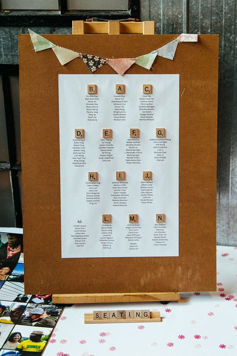 beautiful touches at airship37-Scrabble Seating Chart Scrabble Seating Chart, Board Game Wedding Seating Chart, Scrabble Wedding Ideas, Scrabble Wedding Decor, Scrabble Table Numbers, Wedding Scrabble, Board Game Wedding, Scrabble Wedding, Scrabble Crafts