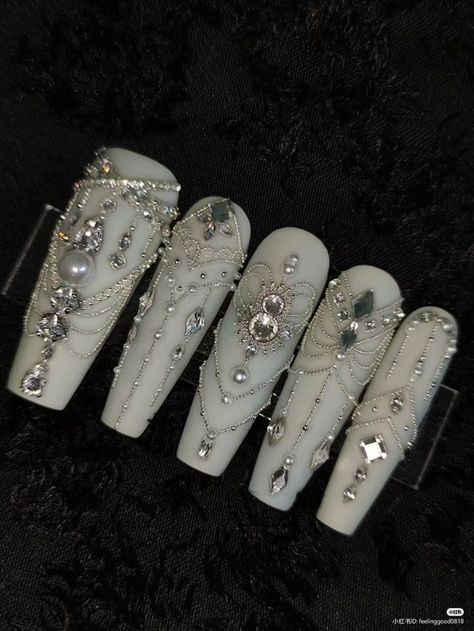 Extra Wedding Nails, Nails With Crystals, Nails Pearl, Fake Nails Designs, Asian Nails, Punk Nails, Fantasy Nails, Goth Nails, Grunge Nails