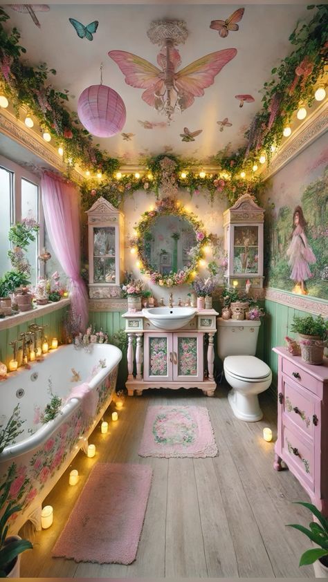 Fairy Esthetician Room, Bathroom Inspo Maximalist, Fairycore Home Aesthetic, Pink Cottagecore Bathroom, Fairycore House Interior, Fairycore Interior, Fairy Garden Bathroom, Windows Over Sink, Fairycore House