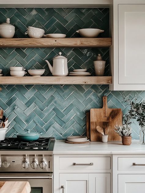 u1942658271_A_close-up_of_a_kitchen_backsplash_featuring_teal_25948ac6-1838-4782-9476-d1dacb18d43e_2 Green Kitchen Backsplash, Ceramic Kitchen Tiles, Bohemian Style Kitchen, Kitchens Decor, Arsitektur Art Deco, Kitchen Boho, Curtains Boho, Dark Green Kitchen, Kitchen Bohemian