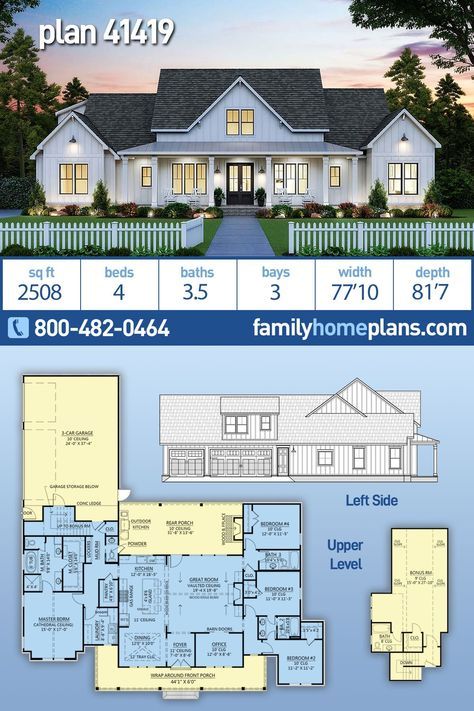 House Plan 41419 American Style House, Bedroom Country, Country Farmhouse Style, 4 Bedroom House Plans, Farmhouse Style House Plans, Country House Plan, Ranch House Plans, House Plans Farmhouse, Country House Plans