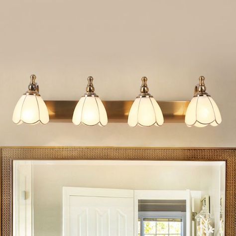 2 Bulb Bathroom Vanity Lights, Half Bath Lighting Above Mirror, Antique Vanity Light, Romantic Bathroom Lighting, Antique Bathroom Lights, Victorian Bathroom Vanity Lighting, Vintage Gold Light Fixtures, Fun Bathroom Lighting, Flower Vanity Light