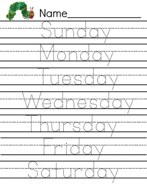 Free Caterpillar writing page days of the week printable Toddler Worksheets Printable Free, Preschool Printouts, Days Of The Week Printables, Word Tracing Worksheets, The Very Hungry Caterpillar Activities, Word Tracing, Hungry Caterpillar Activities, Pre K Worksheets, Calendar Activities