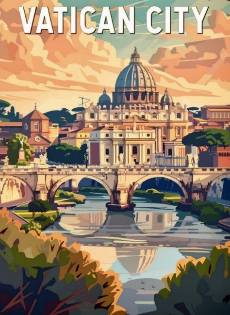 Vintage City Posters, Vintage Travel Posters Europe, Vector Travel Poster, St Peter Basilica, Europe Illustration, Vatican Art, Vatican Italy, Travel Posters Vintage, Italy Graphic