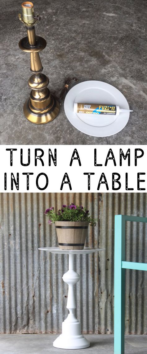 Cute little side table made from a lamp - looks so easy!  #liquidnails #dontjustglueit #spon Homemade Side Tables, Diy Hobbies, Easy Upcycle, Upcycle Furniture, Furniture Upcycle, Thrift Store Diy, Rustic Ideas, Thrift Store Crafts, Old Lamps