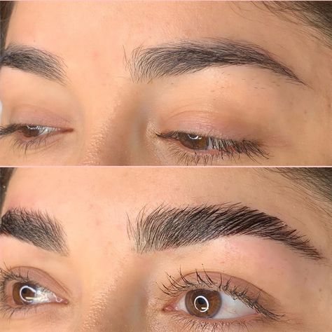 Brows Lamination Before And After, Bro Lamination, Eyebrow Lift Before And After, Brow Lift Before And After, Brow Lamination Before And After, Brow Shapes, Cosmetic Tattooing, Eyebrow Lift, Tweezing Eyebrows