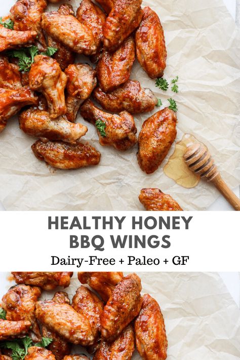 Honey BBQ Wings - easy, delicious and perfect for game day!!! (Paleo + GF + DF) #honeybbqwings #bbqwings #gamedayrecipes #bakedwings #paleorecipes Paleo Bbq Sauce, Honey Bbq Wings, Honey Wings, Paleo Bbq, Easy Chicken Wing Recipes, Wooden Skillet, Chicken Wing Recipe, Easy Chicken Wings, Tailgating Food