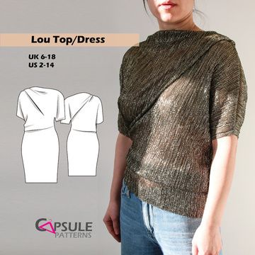 Knit top sewing pattern, Digital pattern for asymmetric top or dress -Lou. Asymmetric draped top and dress sewing pattern. Four variations. ✂ SEWING PATTERN ✂ UK 6-18 / AU 6-18 / US 2-14 Style description: Minimum effort maximum results. Lou dress/top is so easy to make, but looks stylish and is so comfortable. The dress/top features a boat neck, short or long dolman sleeves and asymmetrically draped bodice that is fitted on the hip. The bodice part is loose and roomy thanks to the asymmetr Knit Top Sewing Pattern, Asymmetrical Dress Pattern, Vest Sewing Pattern, Draped Bodice, Asymmetric Top, Top Sewing, Fashion Pics, Pattern Inspiration, Draped Top