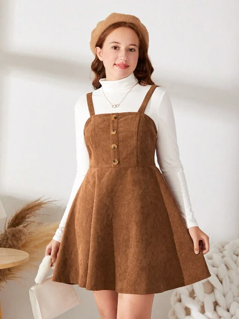 Multicolor Casual Collar Long Sleeve  Plain  Embellished Non-Stretch  Teen Girls Clothing Cheap Spring Pinafore Dress For School, Warm Fall Dresses For Thirteen Year Olds, Pre Teen Girls Outfits, Girls Outfits, Teen Fashion Outfits 13-14 Girly, Fall Outfits For Girls 10-12, Preteen Outfits For Girls, Sweater Dress Pre Teen, Preteen Fashion