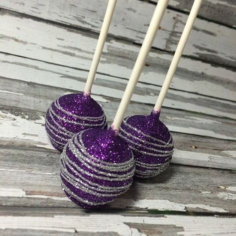 Royal purple and silver wedding colors? Purple Black And Silver Graduation Party, Purple And Silver Cake Pops, Royal Purple And Silver Wedding, Purple And Bling Party, Purple And Silver Decorations, Purple And Silver Cake, Purple And Silver Birthday Party, Silver And Purple Wedding, Glitter Cake Pops