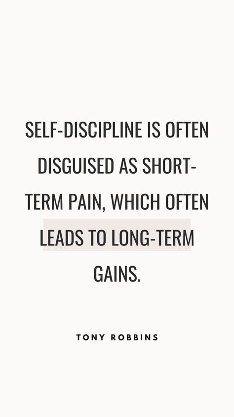 Self-discipline is often disguised as short-term pain, which often leads to long-term gains." 💪🌟 True progress requires perseverance through temporary discomfort. By prioritizing self-discipline, you pave the way for lasting achievements and personal growth. Embrace the challenges of today for the rewards of tomorrow, knowing that each step forward brings you closer to your goals. #SelfDiscipline #PersonalGrowth #SuccessMindset #Motivation #Persistence #LongTermGoals #Achievement Learning Discipline, Developing Discipline, Tela Iphone, Discipline Quotes, 90 Day Challenge, Short Term Goals, Hard Work Quotes, Long Term Goals, Path To Success