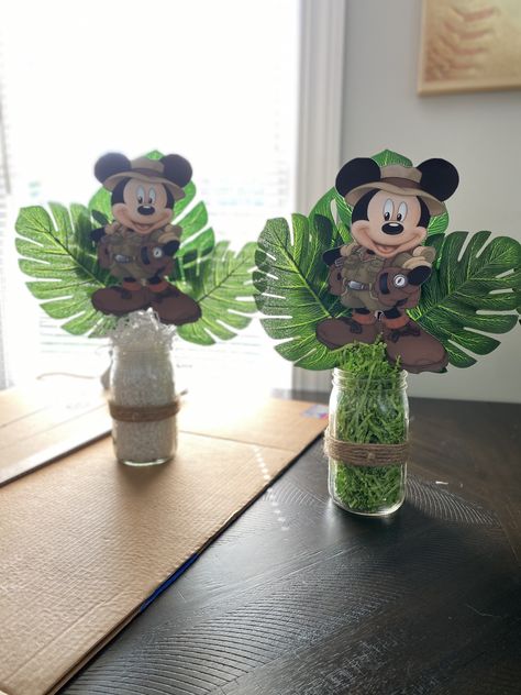 Mickey Safari Centerpiece Ideas, Mickey Safari Baby Shower Ideas, Jungle Mickey Mouse Party, Safari Mickey Mouse Party Birthday, Mickey Mouse Jungle Theme, Mickey Wild One Birthday, Mickey's Safari Birthday, Mickey Mouse Safari Centerpieces, Mickey Mouse Safari Birthday Cake