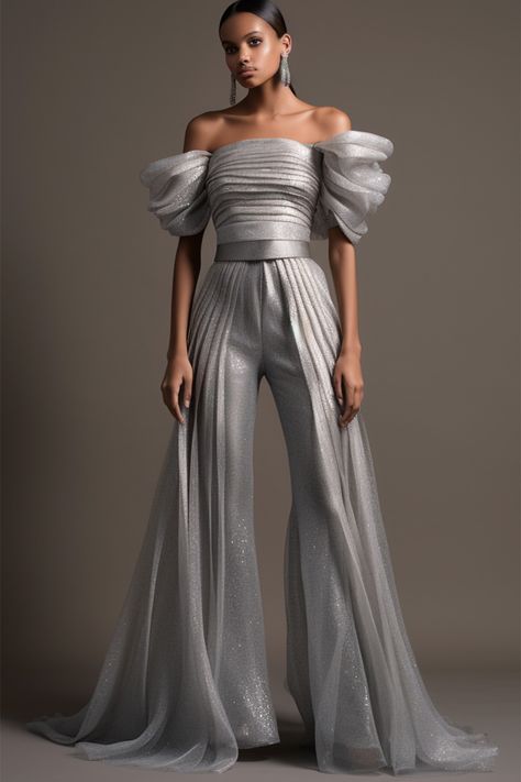 Ladyjuice Glamorous Luxury Puff Sleeve Dress, Luxury Voluminous Bishop Sleeve Dresses, Glamorous Metallic Shimmer Jumpsuit, Luxury V-neck Puff Sleeve Dress With Gathered Sleeves, Metallic Long Sleeve Fitted Jumpsuit, Wide Leg Jumpsuit, Shoulder Sleeve, Semi Formal, Puff Sleeve