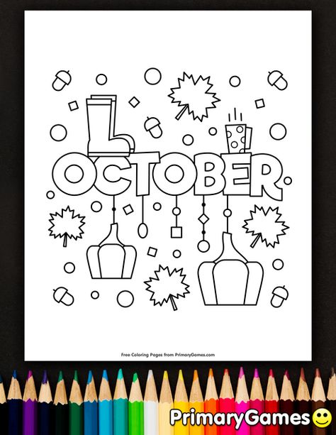 Free printable online Fall Coloring Pages eBook for use in your classroom or home from PrimaryGames. Print and color this October coloring page. Ice Cream Coloring Pages, October Activities, Writing Planning, Fall Coloring, Fall Kindergarten, Colouring Sheets, Sunday Church, Shapes Preschool, Coloring Calendar