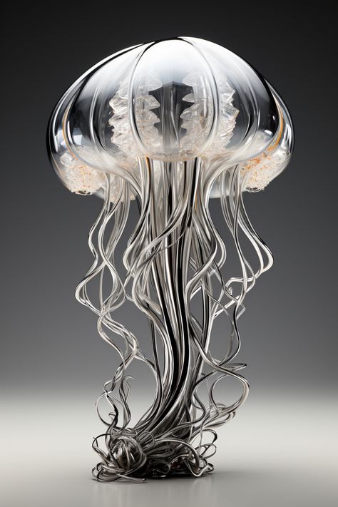 Chrome Sculpture Art, Metal Jellyfish, Jellyfish Sculpture, Glass Jellyfish, Jellyfish Light, Jellyfish Art, 3d Tattoo, Figurative Artwork, Alien Concept Art