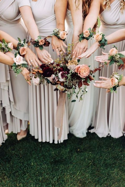 Wrist Corsages | Bridesmaids with Floral Accessories and Bride Bouquet | By Liene Petersone Photography | Wedding Flowers | Bridal Party Wrist Corsage Bridesmaid, Bridesmaids Corsages Instead Of Bouquet, Corsage For Bridesmaids, Wedding Corsage Alternative, Corsage Wedding Bridesmaid, Bridesmaid With Corsage, Bridesmaids With Bouquets, Bridesmaids With Corsages, Wrist Corsage Wedding Bridesmaid