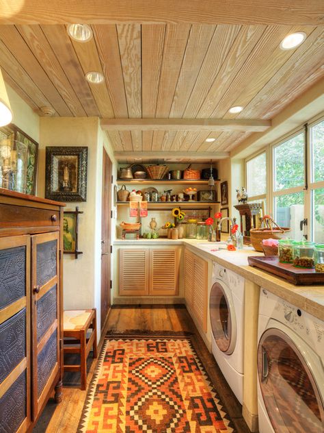 Fab laundry room! wood floors, stone top, unique cabinet door, built ins, old dresser-cabinet.  Love it Scandinavian Laundry Room, Laundry Room Storage Shelves, Rustic Laundry Rooms, Pantry Laundry, Laundry Design, Laundry Room Inspiration, Small Laundry Room, Small Laundry, Laundry Room Storage