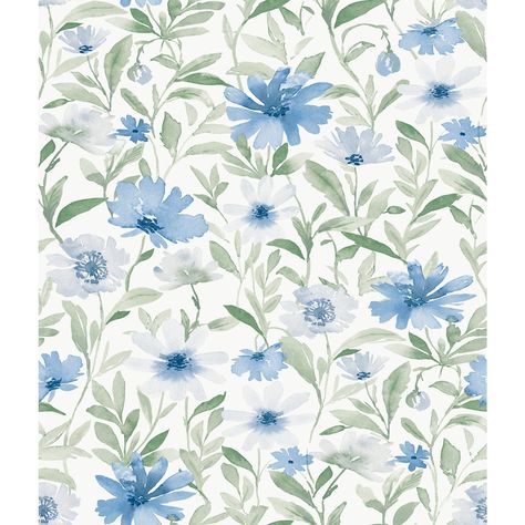 RoomMates Blue Flower Market Peel & Stick Wallpaper | The Home Depot Canada Floral Wallpaper Aesthetic, Bujo Pictures, Renter Friendly Decorating, Space Installation, Room Mates, The Flower Market, Preppy Things, Mint Wallpaper, Beautiful Abstract Art