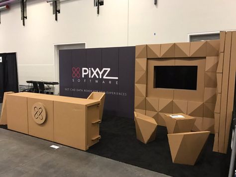 Pixyz stand gdc carton mobiliario muebles sillas mesa mostrador diseñado por Cartonlab. Pixyz booth GDC cardboard furniture chairs table counter desgined by Cartonlab. Cardboard Stand, Cookie Stand, Table Counter, Cardboard Design, Paper Furniture, Cardboard Display, Exhibition Stall, Stall Designs, Exhibition Stand Design