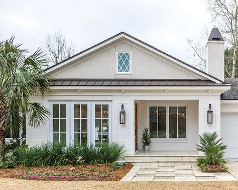 I like the wider landing. Julie Barnes, Ideal Community, Home Front Elevation, Front Porch Landscape, Cottage Journal, Beach Cottage Decor, Ranch Style Home, French Cottage, Front Elevation